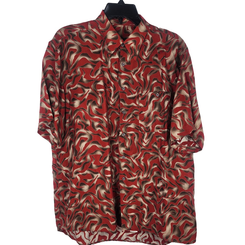 Vintage 90s Mirto 100% Cupro Shirt Mens XL Abstract Red Luxury Spain Artsy Y2K